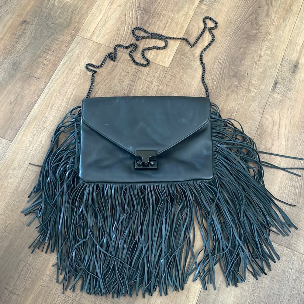 Black leather fringe crossbody bag